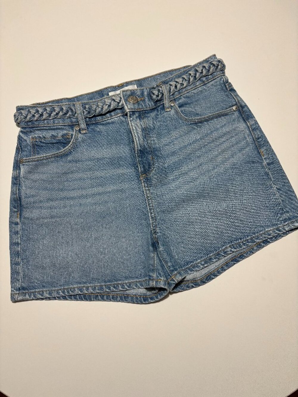 LOFT LIGHT WASH DENIM HIGH WAIST SHORTS WITH BRAIDED BELT
